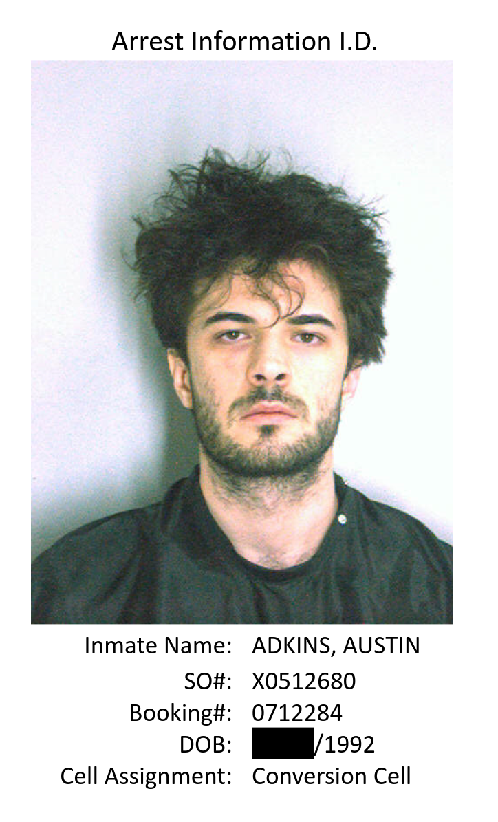 Austin Ingram Adkins' booking photo, taken shortly after he committed violent felony aggravated battery.